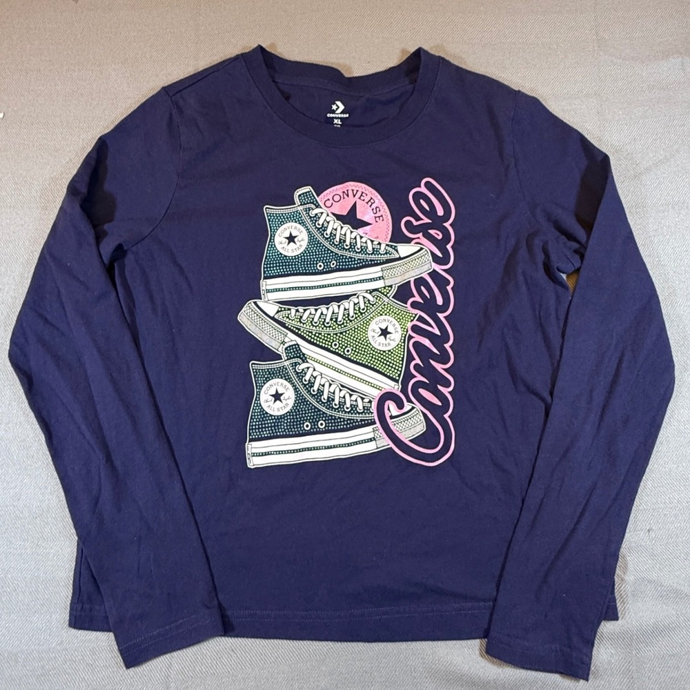 Converse Girls XL Navy Blue Long Sleeve Graphic Tee Chuck Taylor Sneakers 2348